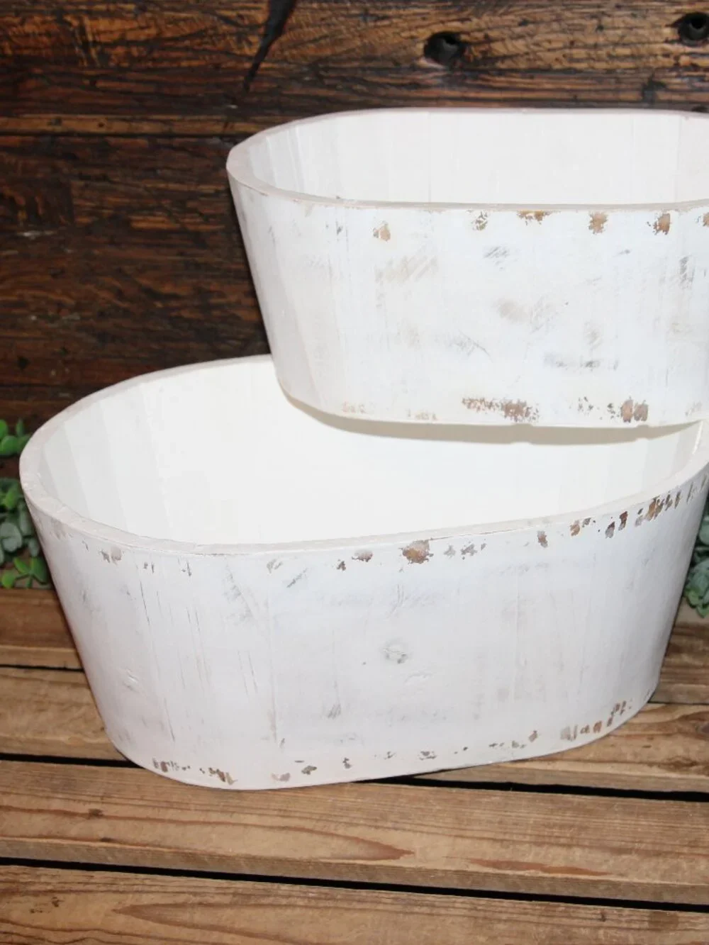 Pair of Large White Shabby Distressed Oval Wood Farmhouse Planter Buckets